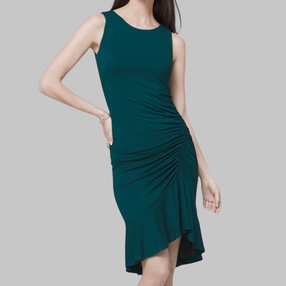 NWT White House Black Market Ruched Jersey Knit Sheath Midi Dress Ruffle Size 12